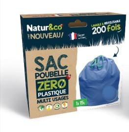 NATUR&CO Müllbeutel, wiederverwendbar, 15 l, vielseitig einsetzbar, Null-Kunststoff, sehr widerstandsfähig, geruchshemmend, antibakteriell, mit Schiebebändern, waschbar