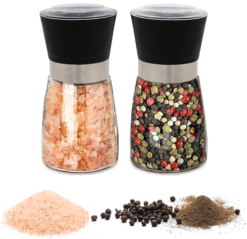 Body Plus 2 Pack Salt and Pepper Grinder Set - Stainless Steel Salt and Pepper Mills Grinders with Transparent Glass Body, Ceramic Coarseness - Pepper Mill for Kitchen, Camping and Traveling (Black)
