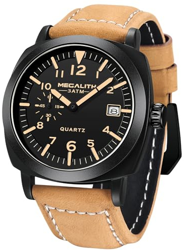 MEGALITH Mens Watch Military Wristwatch: Analog Quartz with Date Resistant Man - Leather Strap Outdoor Brown Sports Tactical Watches for Men