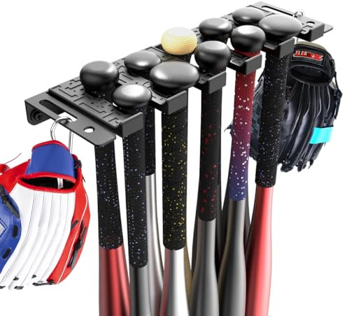 veimia Baseballschlägerhalter Wandhalterung, Baseballschläger-Aufbewahrungsregal, hält 10 Schläger an Holz- oder Betonwand, Metallschlägeraufhänger mit vollständig umwickelter Gummimatte,