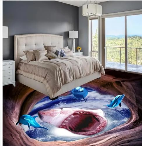 Selbstklebende Bodentapete 3D-Bodenmalerei-Tapete „Ferocious Shark“, 250 x 175 cm Selbstklebende Boden Wandtapete, Epoxidharz Bodenfliesen Aufkleber Badezimmer Küche