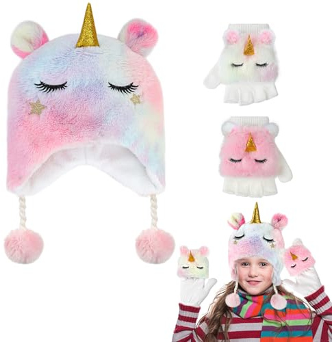 Licorne Ensemble Bonnet et Gants Fille, 3PCS Bonnet Licorne et Mitaine Enfant pour Filles de 3 à 10 ans, Bonnet Enfant Hiver Fille et Gants, Ensemble de Mitaines à Chapeau Licorne Accessoires D'hiver