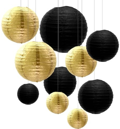 ZYOOO 10pcs Paper Lanterns,10/15/20/25cm Round Hanging Paper Lanterns Decoration for Wedding,Graduation,Anniversary,Birthday Party,Home Decoration(Black,Gold)