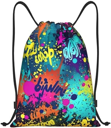 Dwrepo Colorful Spray Pattern Print Drawstring Backpack Bags Waterproof Sports Sackpack Cinch Gym Bag for Women Men, Black, S