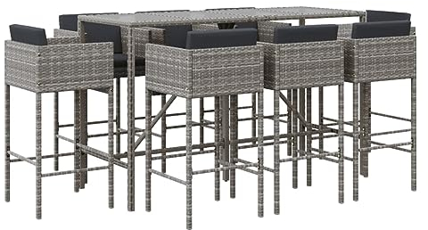 Makastle 9-teilig Gartenbar Set mit Kissen, Garten Sitzgruppe Essgruppe Stehtisch Barstühlen Gartenmöbel, Bartisch mit Barhocker Set für Garten Rasen, Grau Poly Rattan