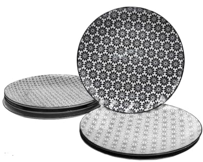 Lot de 6 Assiettes à Dessert, Petites Assiettes Plates, Assiettes à Motifs, Assiettes en Porcelaine Noir et Blanc, Assiettes Elégantes, Design 2, Collection KOMAE