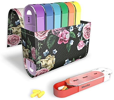 Czzmy Pastillero Semanal 4 Tomas 7 Días, 28 Compartimentos Organizador Medicamentos con Estuche de Cuero PU,Vitamina Caja de Almacenamiento para Viaje, Emerald Illusions(1-Rosa negra)