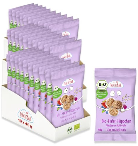 FruchtBar Bio Hafer Häppchen mit Waldbeeren, Apfel, Hafer, 30er Vorratsset, zuckerfreier Kinder-Snack, für Babys ab 12 Monaten & Kinder, 30x 40g
