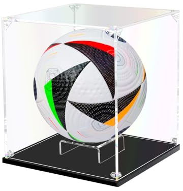 DOFOPO Fußball Vitrine Acryl Schaukasten Selbstmontage Acrylbox 25x25x27cm | Staubdichte Transparente Display Case für Fußball, Basketball & Volleyball; mit Ballhalter; Handschuhe Putztuch