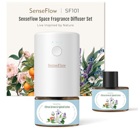 SenseFlow Essential Oil Diffuser Waterless Ultrasonic Wi-Fi SF101S - 100% Plant-Based, LED, Adjustable Modes, 100㎡ Covers, 120-Day Scent - Air Freshener & Aromatherapy - Citrus Grove & Spiced Lotus