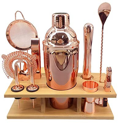 QTANZIQI Kit de coctelera de barman de cobre de 11 piezas, juego de coctelera de oro rosa, coctelera de oro rosa con mortero, vertedor, colador, cuchara de barra, juego de coctelera (color: oro) (oro)