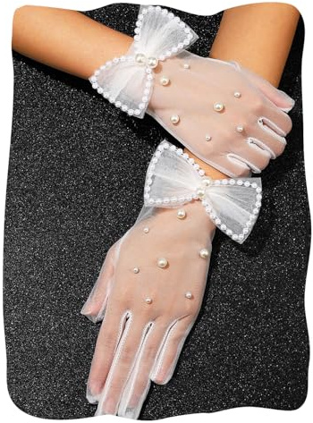 GEMILY White Pearl Sheer Gloves Tea Party Tulle Bridal Bow Glove for Women