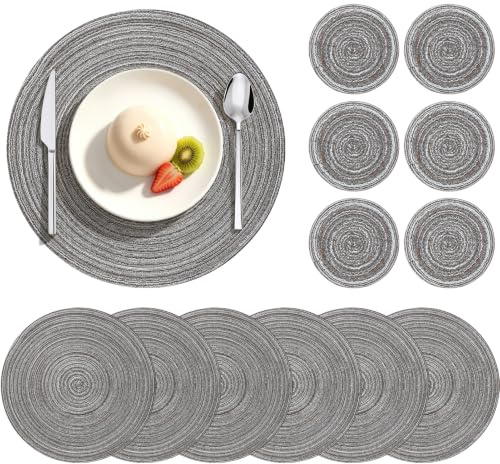 HEYOMART Round Placemats, Table Mats and Coasters Set of 6, Grey | 34cm Braided Woven Place Mats and Coasters Set Washable Heat Resistant for Kitchen Dining Table Home Restaurant