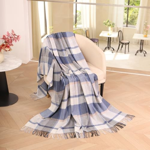 Pure Wool Plaid Throw Blanket,Super Soft Lightweight Home Decorative Throw