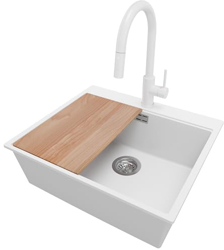 PRIMAGRAN Lavandino da Cucina al Mobile 60cm + Rubinetto, 58x50cm | Set: Rubinetto BW9010 + Kit di scarico + Tagliere + Lavello in Granito a 1 Vasca - Oslo Top, Bianco