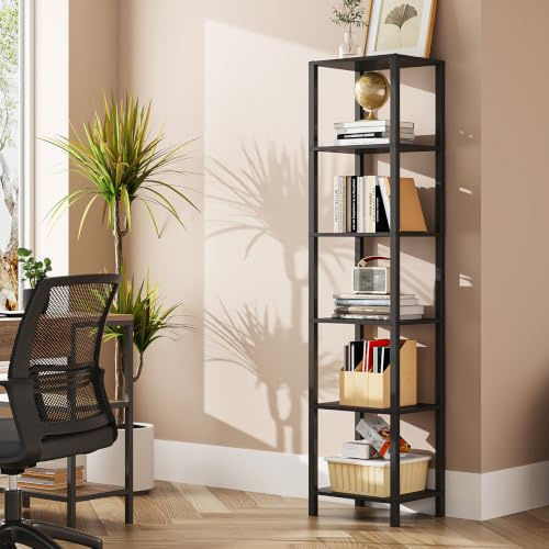 TUTOTAK Bookshelf, 6-Tier Tall Book Shelf, Narrow Bookcase for Small Space, DIY Stackable Bookshelf, for Living Room, Office, Study, Entryway, Industrial, Black BS01BK006EU