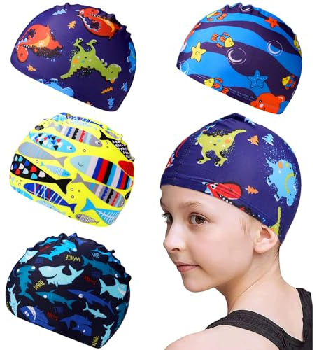 Pack de 4 Gorro Natación para Niños y Niñas de 1 a 8 Años, Gorro Piscina Unisex Infantil, Gorros de Natación de Tejido Elástico, Suave y Resistente, Protege Cabello y Orejas del Agua