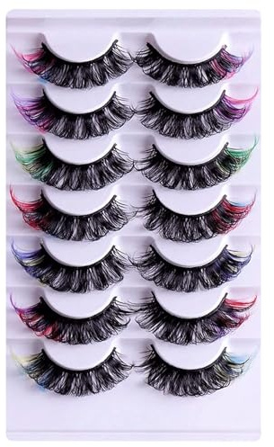 7 Paare Mixed 3D Künstliche Wimpern Katzenauge mit Farbe, Flauschige Falsche Farbige Wimpern, Red/Pink/Blue/Purple Cat-Eye Dramatische Flu-ffy Wimpern für Cosplay, Festliche Tage(7W-CAI7)