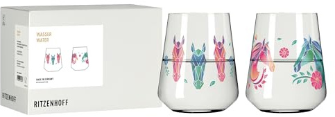 RITZENHOFF 8086003 Universalglas 2er Set 500 ml - Serie Reitgold - Trinkglas mit Pferdekopf-Motiv - bunt - Made in Germany
