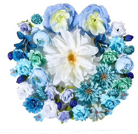 Prelisee 42 STK Blaue Kunstblumen Blumenköpfe Wie Echt Künstliche Blumenköpfe Kunst Blumen Köpfe zum Basteln mit 13 Stile Mix Fake Blumen Seidenblumen Streublumen Deko für Torten,Hochzeit,Geburtstag