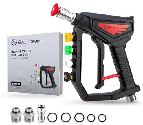 Pistola per idropulitrice corta, 5000 PSI ad alta potenza, con 5 punte per ugelli a spruzzo, spina a connessione rapida da 3/8 e raccordi M22-14/15 mm, compatibile con cannone in schiuma, porta