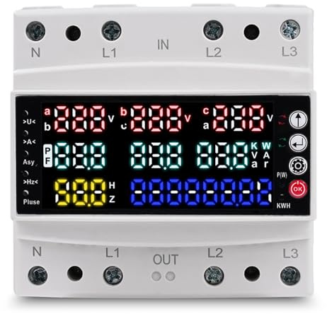 Jadeshay Stromzähler 3 Phasen, Drehstromzähler Hutschiene LCD Digital Multifunktions Strom Spannung Frequenz Energieschutz 100A Mit Überspannungsschutz, Unterspannungsschutz, Überstromschutz 230V