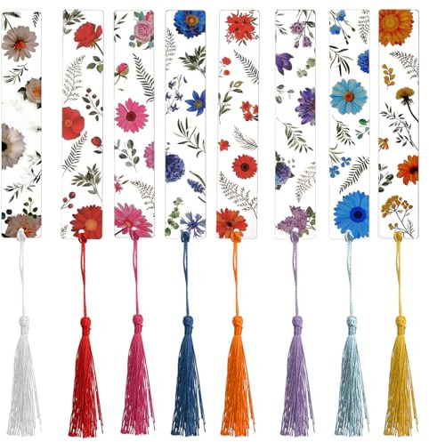8 Stück Transparenter Harz Seitenmarker, Gepresste Blumen-Lesezeichen, Personalisierte Lesezeichen mit Bunten Seidigen Quasten, Langlebiges Buchzubehör für Leser, Frauen, Buchliebhaber