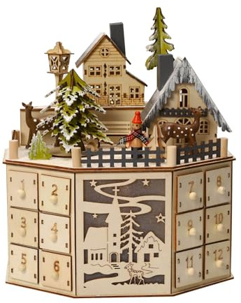 Calendrier de l'Avent en Bois - Château Musical avec 24 Tiroirs et Lumières LED | Calendrier Avent Réutilisable pour Enfants et Famille | Décoration Noël