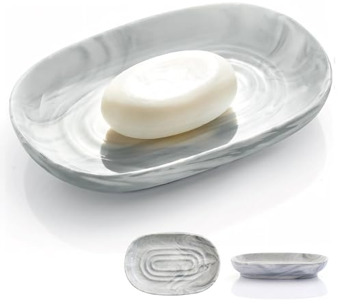 Seifenschale Keramik, Anti-Rutsch Seifenschale Marmor, Seifenablage Waschbecken, Seifenhalter, Seifenteller für Badezimmer, Dusche und Küche (Grau)