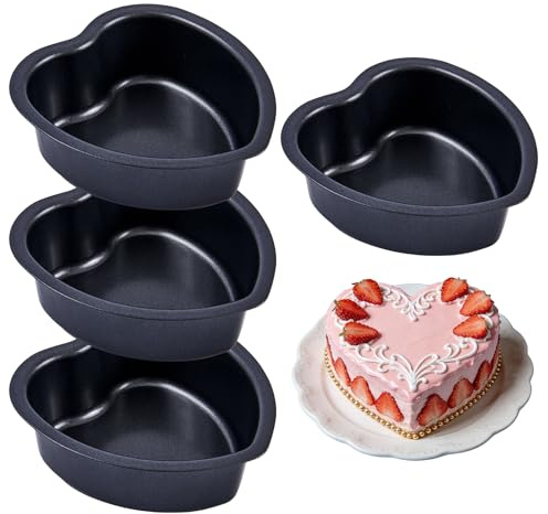 Mini Heart Shaped Cake Pans, 4 Inch Heart Cake Tin for Baking Nonstick Carbon Steel Small Heart Molds Set of 4 for Valentines's Day Baking, Mini Flan Pudding Making