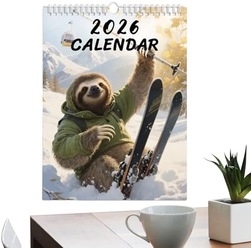 calendario de animales 2026 – al esquiar, calendario de 12 meses, calendario de pared de 21 x 28 cm, con diseño de esquí, para casa, dormitorio, salón, escuela, habitación infantil