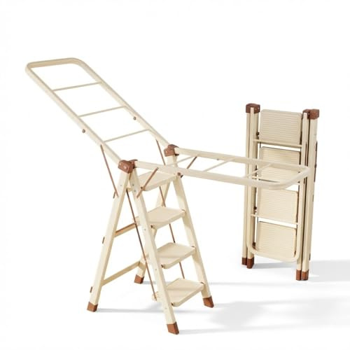 Folding Step Ladder Heavy Duty Domestic Stepladder for Home & Kitchen High Reach, and Clothes Drying Rack, Aluminum Frame, Black and White, 8cm Slim Storage Design, Indoor Homen (White, 4 Steps)