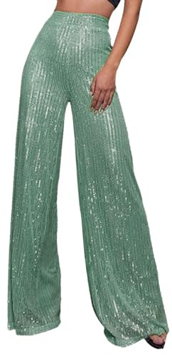 Generiskt paljetttäckta, glittrande palazzobyxor med hög midja och vida ben för kvinnor, gnistrande paljettbyxor, festbyxor, klubbbyxor, glitterleggings med brett ben, Grön, 5XL