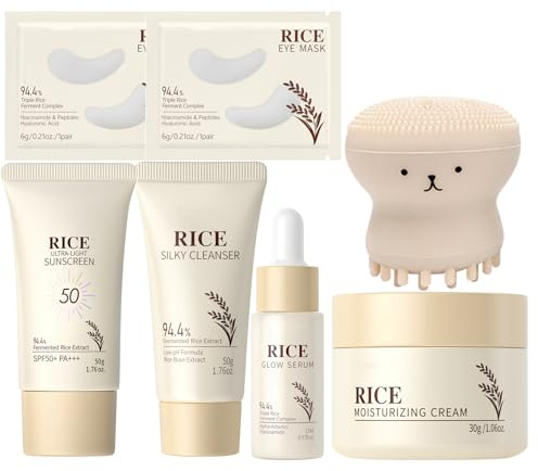 7PCS Reis Skincare Set für Damen, Koreanische Gesichtspflege Set mit Fermentiertem Rice Extract, Feuchtigkeit Anti-Aging Pflege, SPF50+ Sonnencreme & Gesichtsbürste, Komplett-Set für alle Hauttypen