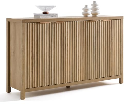 OAKHAM HOME Buffet Cabinet Fluted Sideboard 56 Accent Cabinet with Adjustable Shelves 4 Doors Modern Storage Credenza for Living Room Kitchen Hallway,Golden Oak
