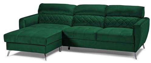 FENIKS Schlafsofa Ecksofa - L-Form - 251 x 153 x 87 cm mit Schlaffunktion - Samt-Stoff Velvet - Links Scandic Grün