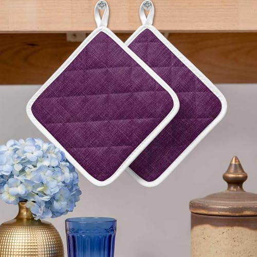 Pot Holders Set of 2, Retro Dark Purple Linen Bottom Potholder for Kitchen Heat-Proof Hot Pads, Farmhouse Flax Texture Hot Mats Potholders for Cooking Baking BBQ