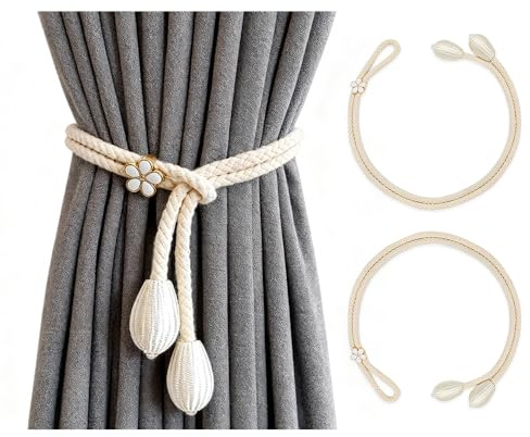 SZMK 2 PCS Alzapaños Cortinas,Recoge Cortinas Decorativas,Holder Curtain Tiebacks,Soporte de Cortina Sujeta Sin Taladro,Cinta Decorativa para Cortina de Cuerda para Hogar, Oficina, Ventana - Beige