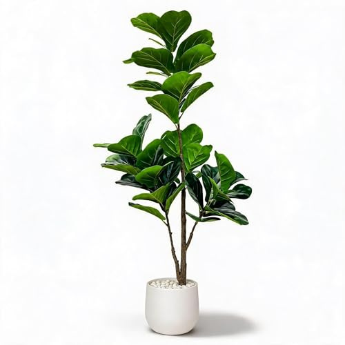 GarveeMore Künstlicher Kunstpflanzen Ficus Lyrata, Kunstbaum Groß Im Modernen Pflanztopf, Ficusbaum&Geigenfeigenbaum Wie Echt, Pflegeleicht, Perfekte Deko Für Wohnzimmer, Büro & Zuhause Usw.Weiß-150cm