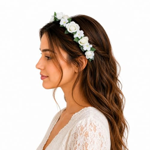 Blumen Haarreif „Sabia“ – Romantischer Haarschmuck mit Rosen & Blüten für Damen & Mädchen – Perfekt zum Dirndl, zur Hochzeit, Kommunion oder Festival (Creme Weiß)
