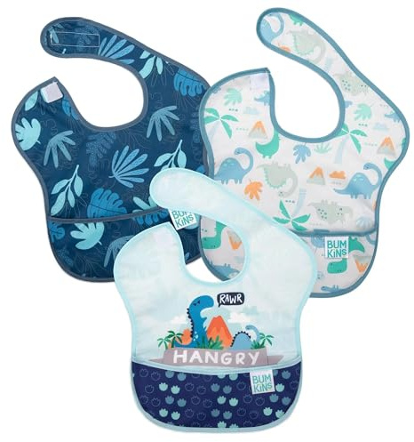 Bumkins Bibs for Girl or Boy, SuperBib Baby and Toddler for 6-24 Months, Essential Must Have for Eating, Feeding, Baby Led Weaning Supplies, Mess Saving, 3-pk Hangry, Dinosaurs, and Blue Tropic
