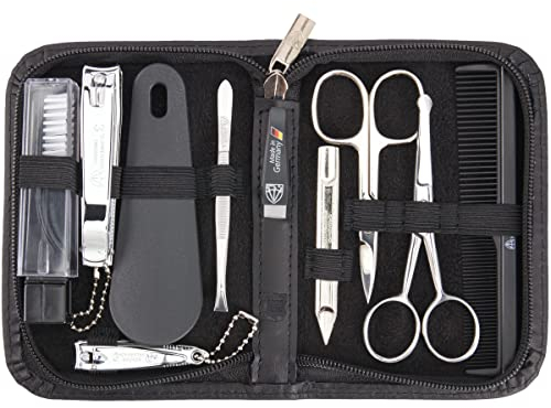 DREI SCHWERTER - Germany 10-tlg. Maniküreset | Herrenset aus Echt Leder schwarz | 'Monza' | Inhalt: Nagelschere, Kamm, Nasenschere, Saphirnagelfeile, Nagelknipser, Fußnagelknipser uvm