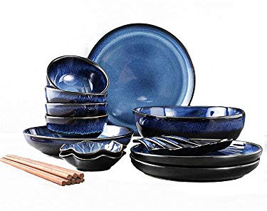 DUDSME Set da tavola in stile europeo Set da tavola blu giapponese Set retrò ciotola per la casa ciotola di riso ciotola piatti in porcellana set servizio per 4