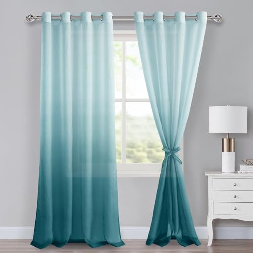 XWZO Ombre Slutsatta gardiner för sovrum och vardagsrum, öljettgardiner, set om 2, 245 x 140 cm (H x B), turkos transparent voile