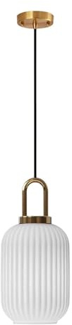 EKSED Lámpara colgante de cristal blanco con acabado en oro bronce, lámpara colgante de luz de techo retro moderna para mesita de noche, mesa de comedor, isla de cocina (140 mm)
