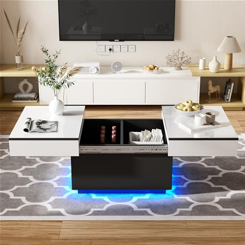 JoliJour Couchtisch Weiß Hochglanz mit LED,Ausziehbarer Couchtisch,LED-Couchtische für Wohnzimmer mit 20 Farben Leuchten,Wohnzimmertisch mit 2 Stauräume,Hochglanz-Finish,Mitteltisch,80 * 58 * 40cm