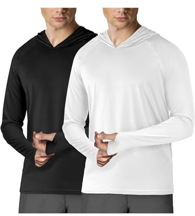 Lot de 2 chemises à capuche à manches longues pour homme UPF 50+ Protection solaire Rashguard pour la pêche, l'extérieur, la course à pied, séchage rapide, blanc/noir, Large