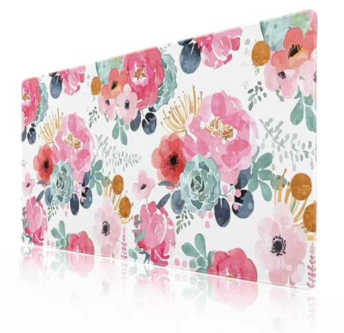Pink Green Flowers Gaming Mouse Pad XXL Cute Watercolor Floral Pretty Extended Desk Pad Trendy Pastel Large Mousepad Non-Slip Rubber Base Stitched Edge Long Table Mat for Desktop, 35.4 x 15.7 inch