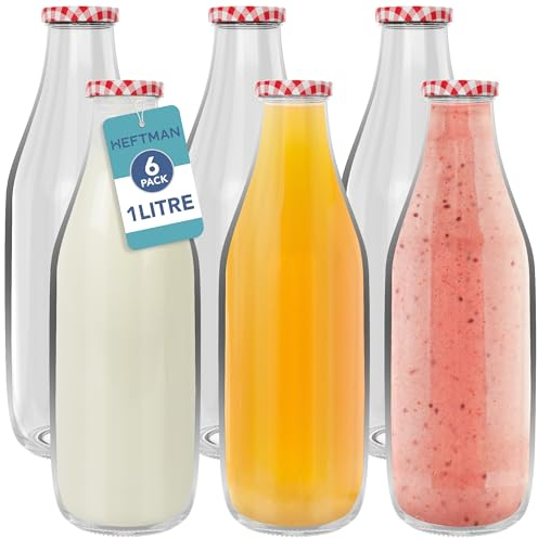 HEFTMAN Lot de 6 bouteilles de lait en verre avec couvercles – 1 litre vides hermétiques avec couvercles vichy rouges pour boissons, HM3755