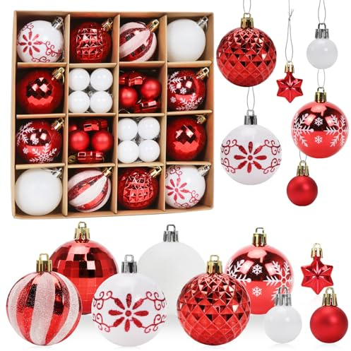 Weihnachtskugeln Rot Weiß, 44 Stück Christbaumkugeln Kunststoff Set, Weihnachtsdeko Kugeln Stern, Christbaumschmuck Große & Kleine, Weihnachtsbaumschmuck Weihnachtsbaum Deko